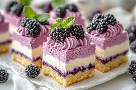 Delicious no bake blueberry cheesecake bars topped with a layer of blueberries and blackberriesの素材