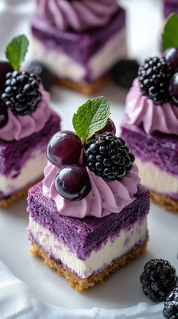 Layered blackberry cake with cream cheese, decorated with fresh blackberries, blueberries, and mint leavesの素材