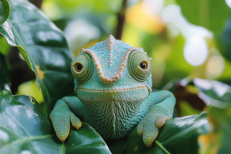 Bright green chameleon is perched on lush foliage, its large eyes captivating the viewerの素材