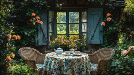 Tea table set for two with floral tablecloth in front of beautiful English cottageの素材