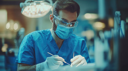 Surgeon is concentrating while performing surgery on a patient in an operating roomの素材