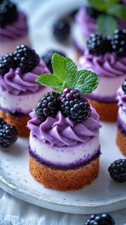 Layered blackberry cake with cream cheese, decorated with fresh blackberries, blueberries, and mint leavesの素材