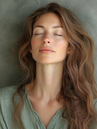 Young woman with long hair is keeping her eyes closed and posing for beauty portraitの素材