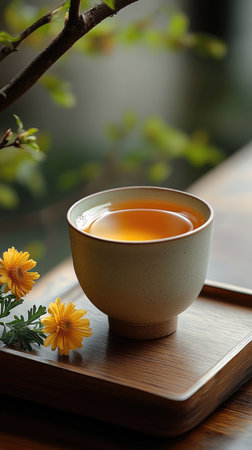 Steaming cup of tea sits on a wooden tray, accompanied by vibrant yellow flowers and a tranquil ambianceの素材