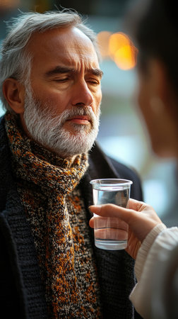 Businessman is taking a break and drinking water while pondering the solution to a problemの素材