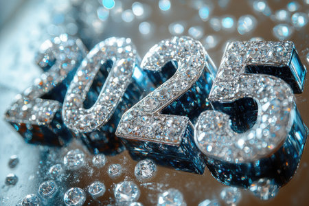 2025 silver numbers studded with sparkling diamonds laying on a reflective surfaceの素材