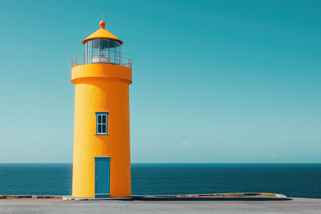 Bright yellow lighthouse is standing on a rocky coastline, providing safety and guidance to ships at seaの素材