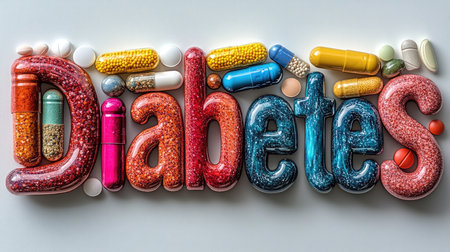 The word diabetes spelled out in pink candy letters surrounded by colorful pills on a white backgroundの素材