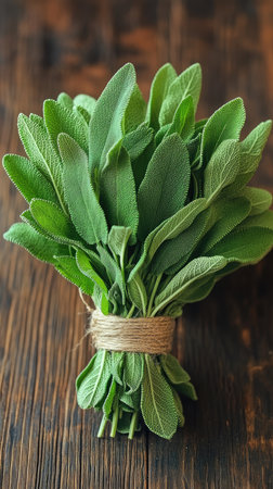Bouquet of fresh sage is tied with twine and sitting on a rustic wooden tableの素材