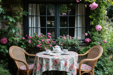 Floral tablecloth and vintage tea set create a romantic setting in a garden by a cottageの素材