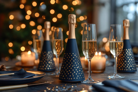 Champagne bottles and lit candles standing on table set for Christmas eve dinner partyの素材