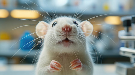 White rat is standing on a table in a laboratory setting, looking curiousの素材