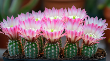 Cactus showing multiple vibrant pink flowers blooming in a rock gardenの素材
