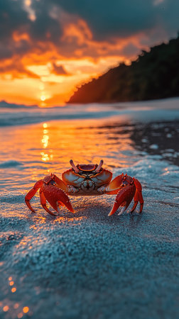 Red crab is walking on a beautiful tropical beach at sunsetの素材