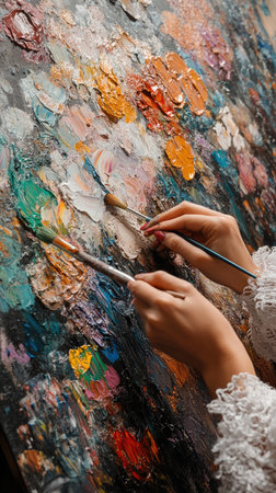 Artist is mixing oil paints on a palette using two brushes while working on a colorful abstract paintingの素材