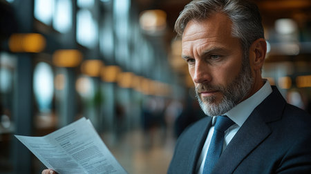Serious mature businessman is carefully reading important documents in his officeの素材