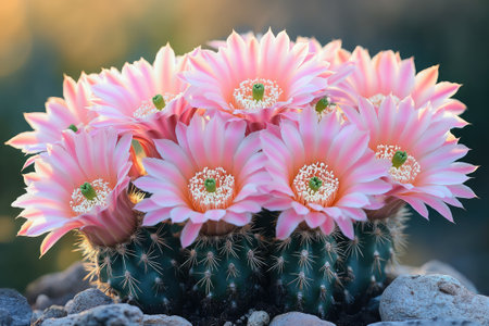 Cactus blooming with multiple bright pink and orange flowersの素材