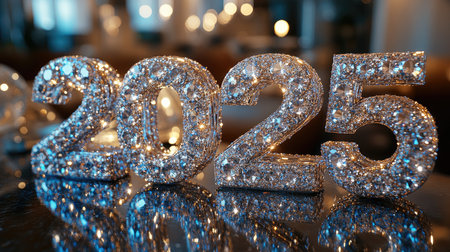 Sparkling silver 2025 numbers with blue and yellow lights reflecting on a dark backgroundの素材