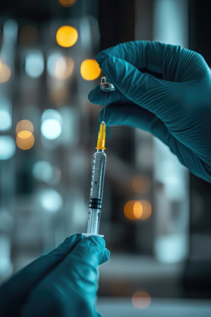 Doctor is preparing a vaccine with a syringe while standing in a hospital roomの素材