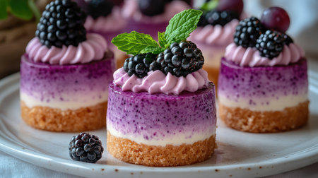 Square blackberry cakes with layers of purple sponge cake, cream and topped with fresh blackberries and mintの素材