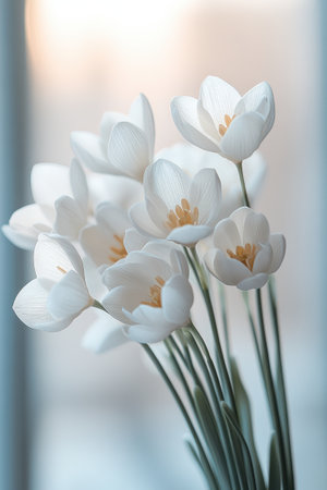 A bouquet of delicate white flowers is standing in a vase near a window with soft, diffused natural lightの素材