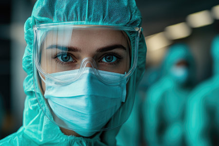 Close up portrait of a female medical professional wearing protective goggles and maskの素材