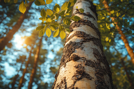 Sunlight is shining through the canopy of trees illuminating the bark of a tree trunkの素材