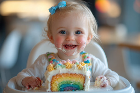 Baby girl is making a mess enjoying her first birthday cake smash cakeの素材