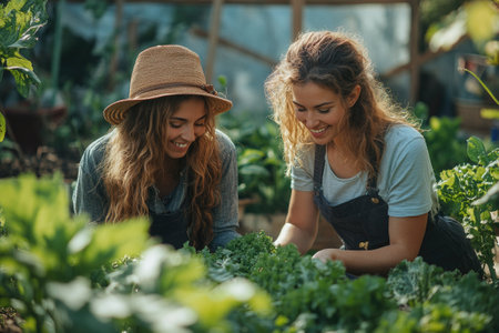 Young couple of farmers smiling and taking care of plants in their greenhouseの素材