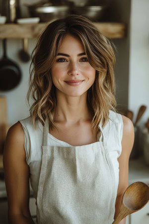 Beautiful woman is smiling while wearing an apron and holding a wooden spoon in a kitchenの素材