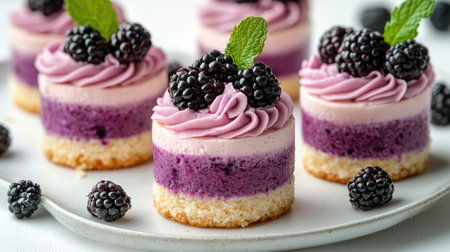 Square blackberry cakes with layers of purple sponge cake, cream and topped with fresh blackberries and mintの素材