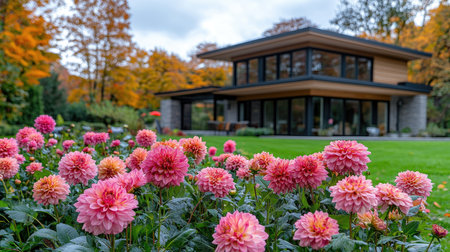 Beautiful pink dahlias are blooming in a garden in front of a modern house with autumn colors in the backgroundの素材