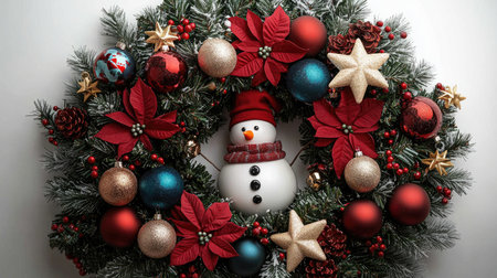 Christmas wreath with snowman, berries and baubles lying on white backgroundの素材