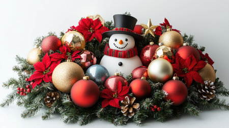 Christmas wreath with snowman, berries and baubles lying on white backgroundの素材