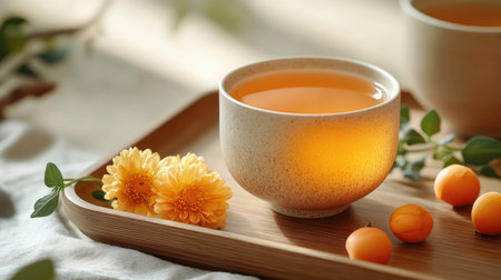 Steaming cup of herbal tea surrounded by bright yellow chrysanthemum flowers on rustic wooden tray creates a relaxing and healthy beverage experienceの素材