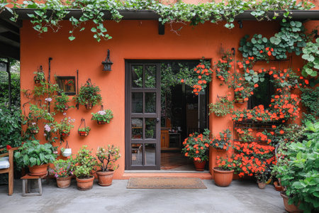 Beautiful backyard garden with wooden door and stone patio during summertimeの素材