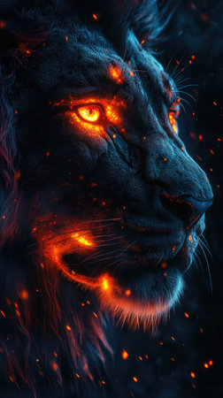 Majestic lion with a multicolored mane is depicted against a backdrop of a vast, starry expanseの素材