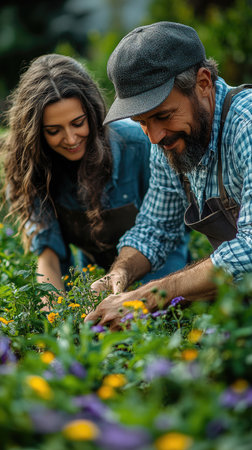 Happy couple smiling while gardening outside together on a sunny dayの素材
