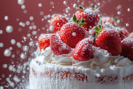 Delicious strawberry cake is being sprinkled with powdered sugar on a dark backgroundの素材