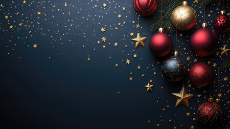 Christmas ornaments hanging from a Christmas tree branch with blurred sparkling lights in the backgroundの素材