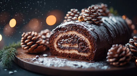 Christmas chocolate yule log cake with pine cones decoration, powdered sugar and blurred christmas lightsの素材