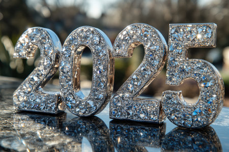 Sparkling silver 2025 numbers with blue and yellow lights reflecting on a dark backgroundの素材