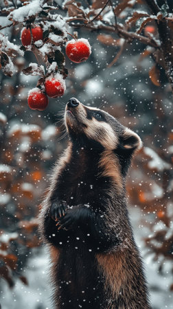 Curious badger is standing up on its hind legs, reaching for some apples on a snowy tree branch in winterの素材