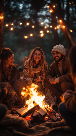 Friends having fun, laughing and enjoying the warmth of a campfire at nightの素材