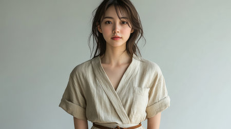 Young woman is standing in a minimalist studio, wearing a beige linen jumpsuit, looking serene and confidentの素材