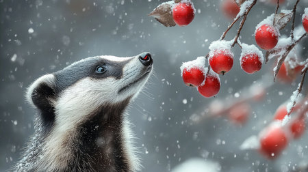 Curious badger is standing up on its hind legs, reaching for some apples on a snowy tree branch in winterの素材