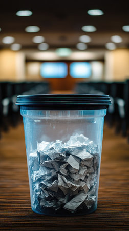 Trash can overflowing with discarded paper sits in the hallway of an office buildingの素材