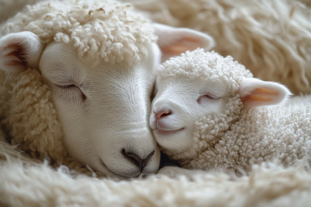 Lamb cuddling with its mother sheep in a soft bed of woolの素材