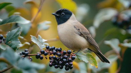 Cute bird perched on a branch with berries is enjoying the beautiful autumn colors on a sunny dayの素材