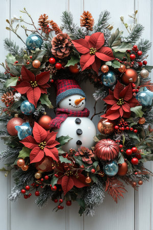 Beautiful Christmas wreath decorated with a snowman and red poinsettia flowers, hanging on a white doorの素材